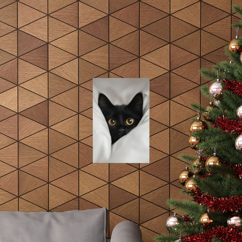 Black cat peeking from under hat poster, perfect for Valentine's Day.