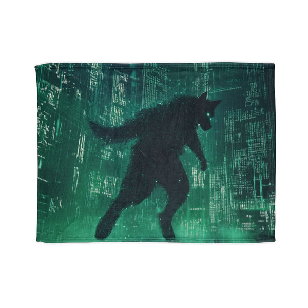 Cyber Wolf Running Through Code Rain — Plush Fleece Throw Blanket — Full Spread Plush Fleece Artwork View