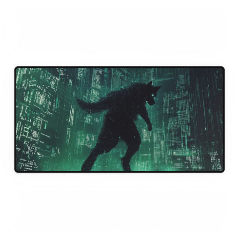 Cyber Wolf Running Through Code Rain — XXL Gaming Desk Mat — Full Top-Down Artwork View