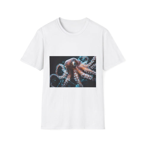 Cybernetic Octopus Tangled in Data Lines Graphic Unisex Softstyle T-Shirt - Front View