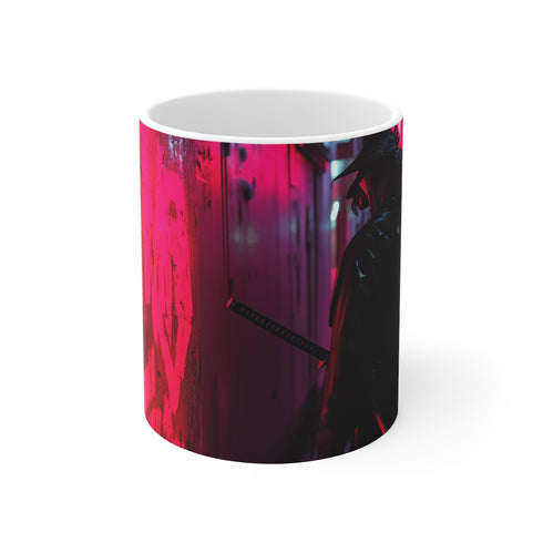 Cyberpunk Neon Samurai Coffee Mug