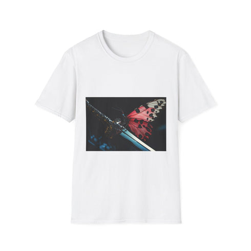 Cyborg Butterfly Perched on Sword Graphic Unisex Softstyle T-Shirt - Front View