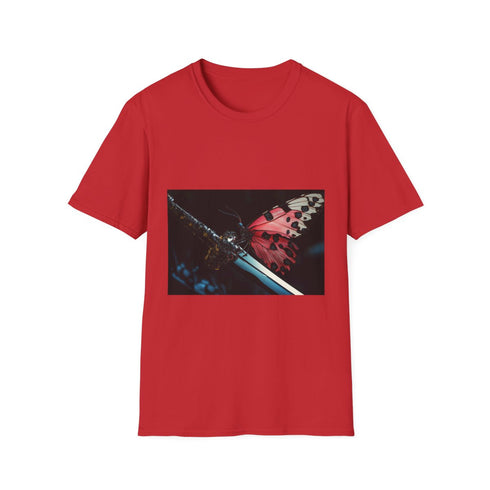 Cyborg Butterfly Perched on Sword Graphic Unisex Softstyle T-Shirt - Red Variant