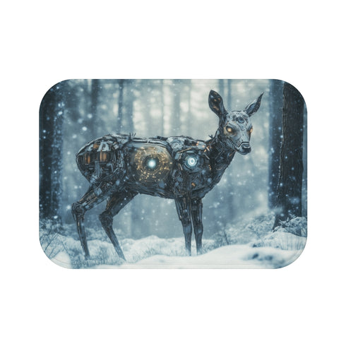 Cyborg Deer Snowy Forest Bath Mat