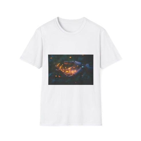 Cyborg Hand Holding Fireflies Graphic Unisex Softstyle T-Shirt - Front View