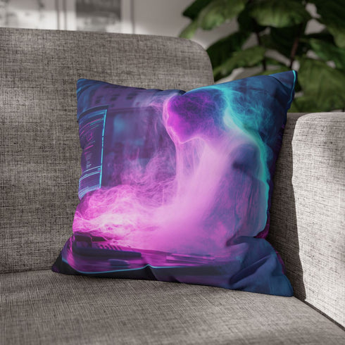 Data Ghost Drifting Through Abandoned La — Double-Sided Cushion Cover — Sofa & Armchair Living Room Lifestyle View