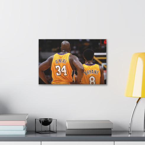 Iconic Shaq and Kobe canvas capturing Lakers dominance on court.