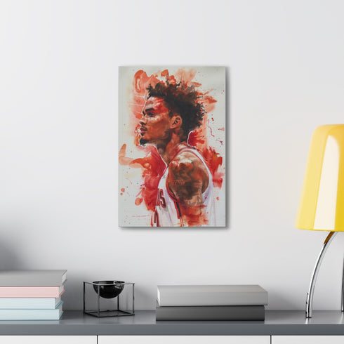 Watercolor basketball canvas of Trae Young dribbling through defenders artwork.