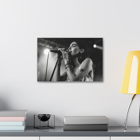Vibrant canvas print featuring Dua Lipa's fierce charisma and allure.
