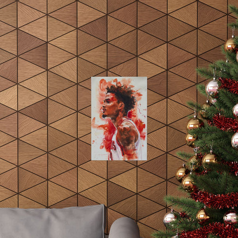 Dynamic watercolor portrait of Trae Young on matte paper poster