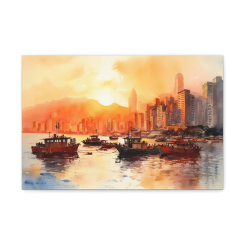 Sunset Hong Kong skyline canvas, vibrant cityscape against twilight sky.
