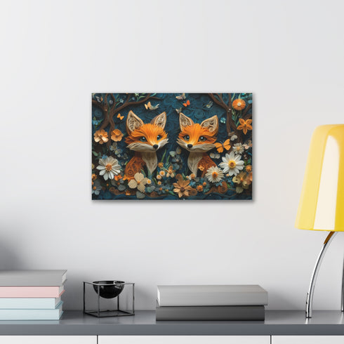 Adorable baby foxes in magical forest canvas print.