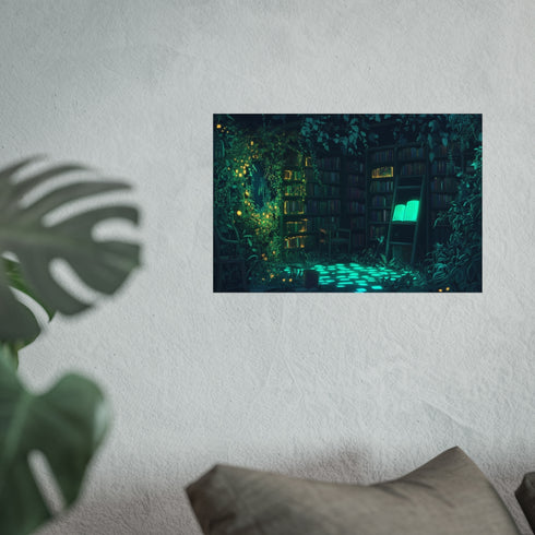 Enchanting Overgrown Library with Glowing Books