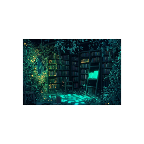 Enchanting Overgrown Library with Glowing Books