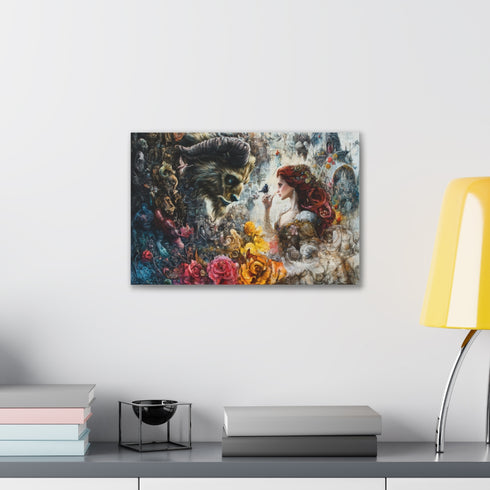 Enchanting Beauty and the Beast canvas print with romantic fairytale design.