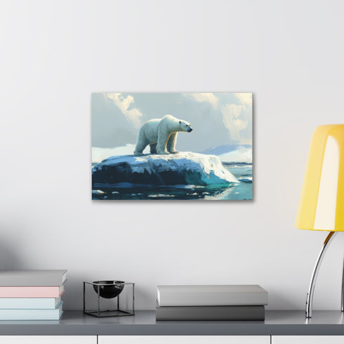 Polar bear on melting ice canvas art: urgent environmental reminder crisis.