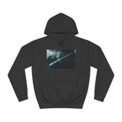 Epic Sword Embedded in Asteroid Graphic Unisex College Hoodie - Jet Black Front