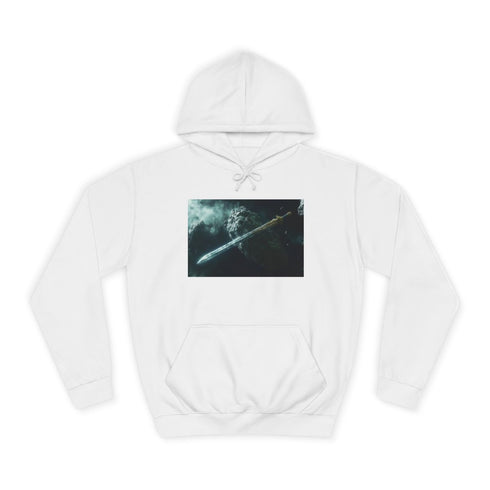 Epic Sword Embedded in Asteroid Graphic Unisex College Hoodie - Arctic White Front