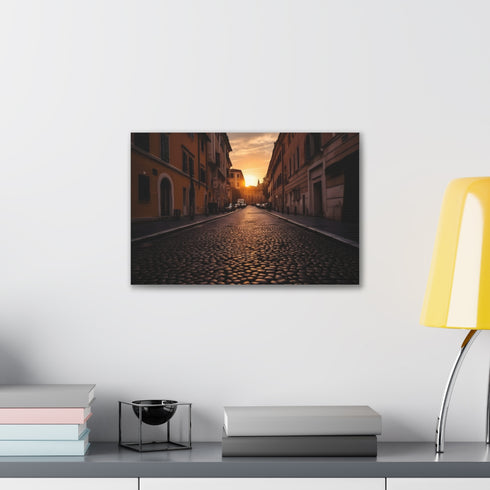 Eternal Rome cobblestone streets canvas art print sunset charm.