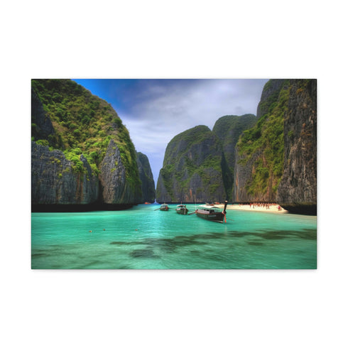Tranquil Maya Bay canvas art brings Phi Phi Islands beauty indoors.