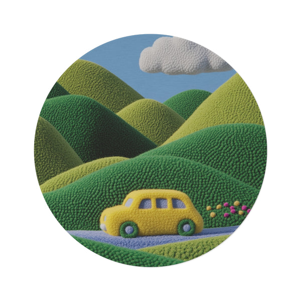 "Felted Nature Round Rug: Hills, Trees, Rivers"