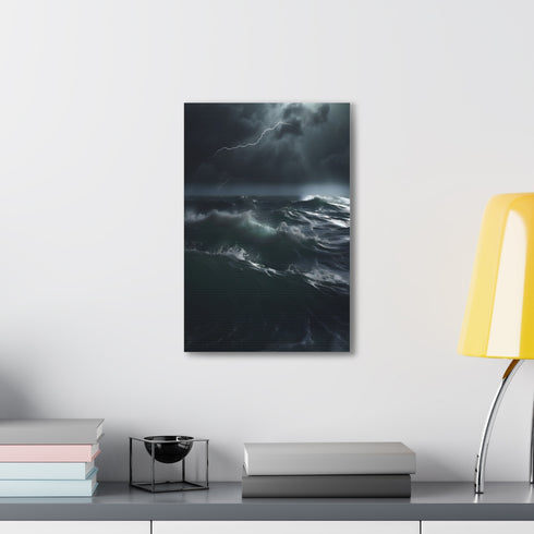 Stormy ocean waves canvas print with lightning bolts, 18x12 inches.