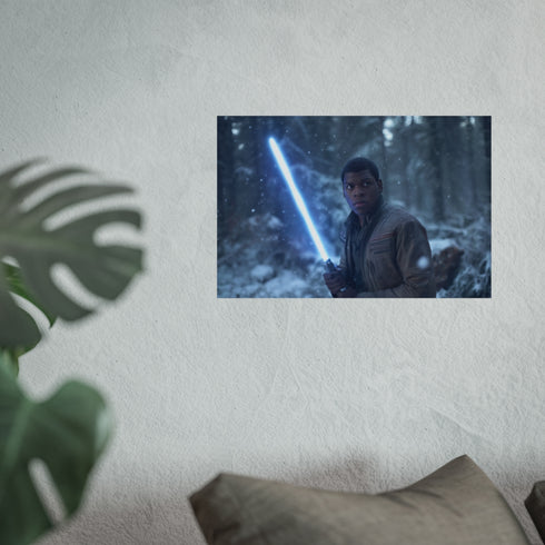 Finn with Lightsaber in Snowy Forest