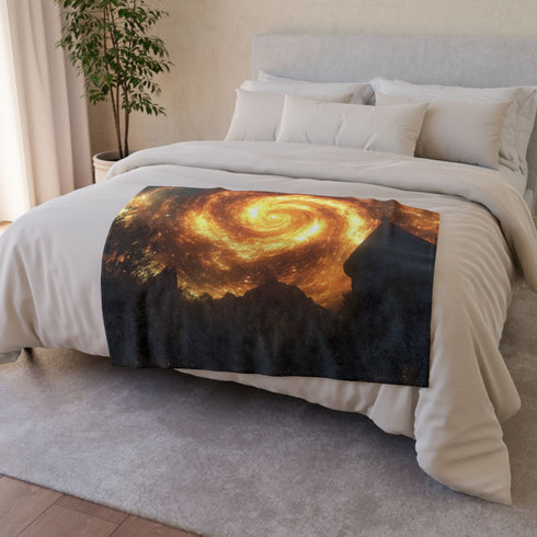 Flaming Spiral Galaxy over Lost Shrine Plush Fleece Throw Blanket