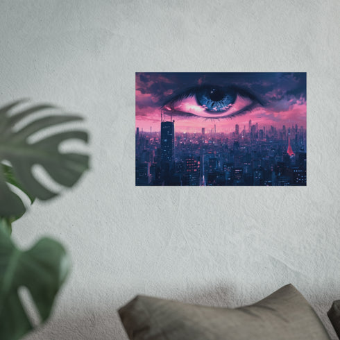 Floating Eyes Above Cityscape Sky
