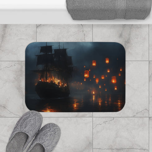 Floating Lanterns Guiding Ghost Ship — Memory Foam Bath Mat — Modern Bathroom Floor Lifestyle View