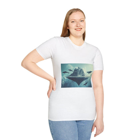 Floating Mountain Surrounded by Whales Graphic Unisex Softstyle T-Shirt - Model View