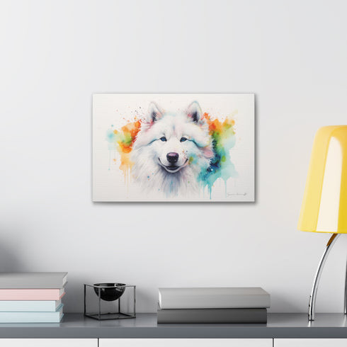 Fluffy samoyed watercolor canvas for dog lovers, dreamy whimsical decor.