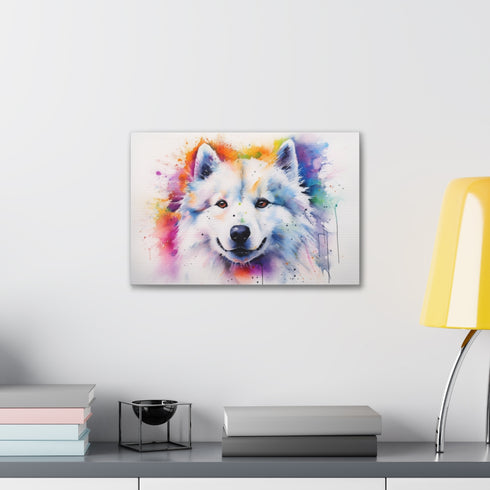 Fluffy white Samoyed smiling in charming canvas art for dog lovers.