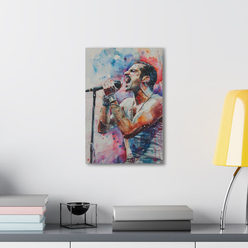 Vibrant watercolor of Freddie Mercury in Band Aid charity concert.