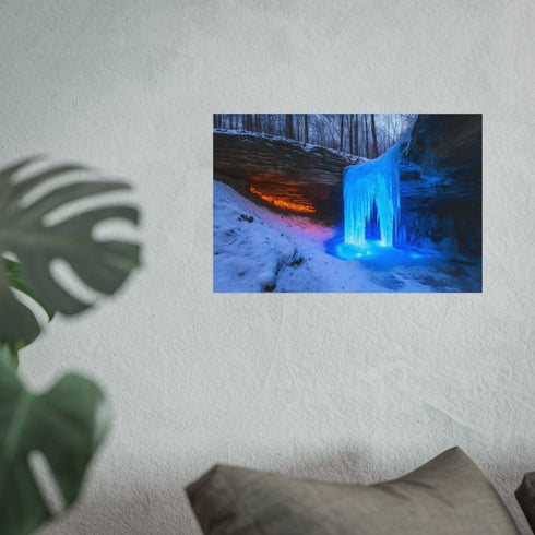Frozen Waterfall Radiates Blue Fire