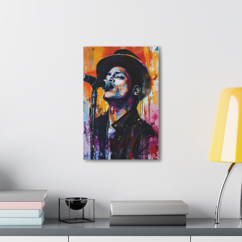 Vibrant canvas print of funky Bruno Mars in vivid colors.