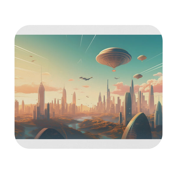 Futuristic Flying City Skyline Mouse Pad