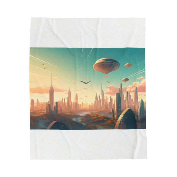 "Futuristic Flying Cityscape Plush Blanket"