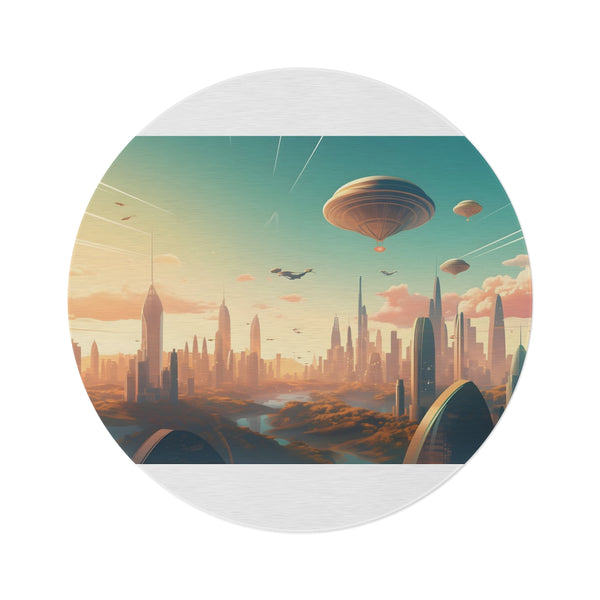 "Futuristic Flying Cityscape Round Rug"