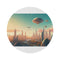 "Futuristic Flying Cityscape Round Rug"