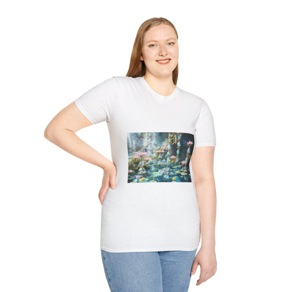 Garden of Floating Hourglasses Graphic Unisex Softstyle T-Shirt - Model View