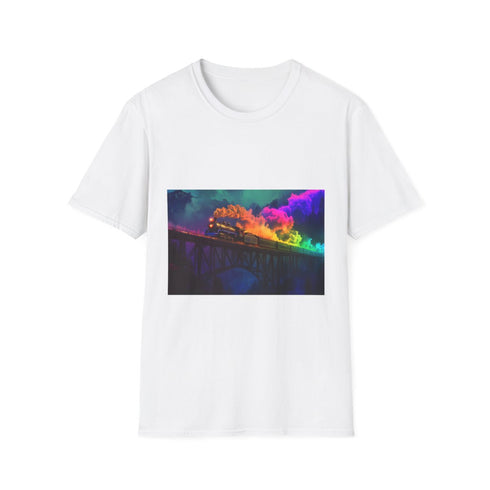 Ghostly Train Crossing Rainbow Bridge Graphic Unisex Softstyle T-Shirt - Front View