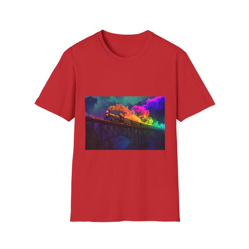 Ghostly Train Crossing Rainbow Bridge Graphic Unisex Softstyle T-Shirt - Red Variant