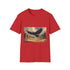 Giant Raven Flying Over Desert Ruins Graphic Unisex Softstyle T-Shirt - Red Variant