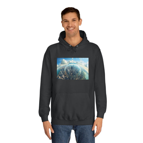 Glass City Hovering Above Earth Graphic Unisex College Hoodie - Lifestyle Model View