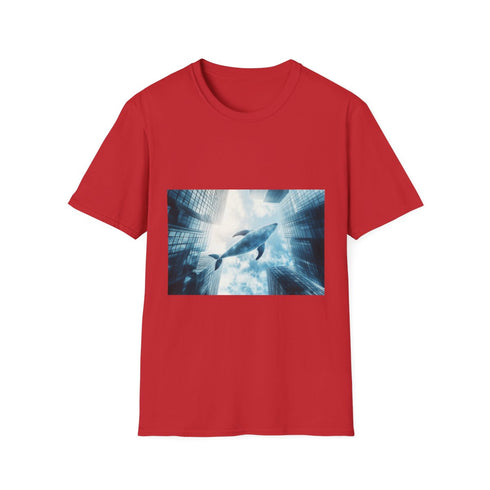 Glass Whale Swimming Through Skyscrapers Graphic Unisex Softstyle T-Shirt - Red Variant