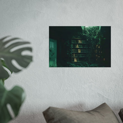 Glowing Books Illuminate Overgrown Library