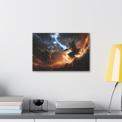 Kratos in battle canvas art, vivid colors, powerful imagery.