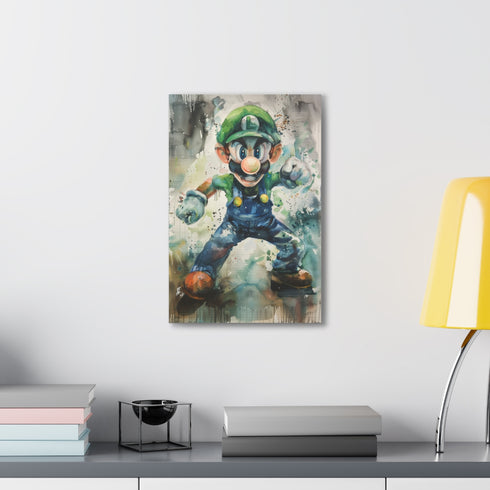 Vibrant Luigi canvas print with green-eyed hero from Mushroom Kingdom.