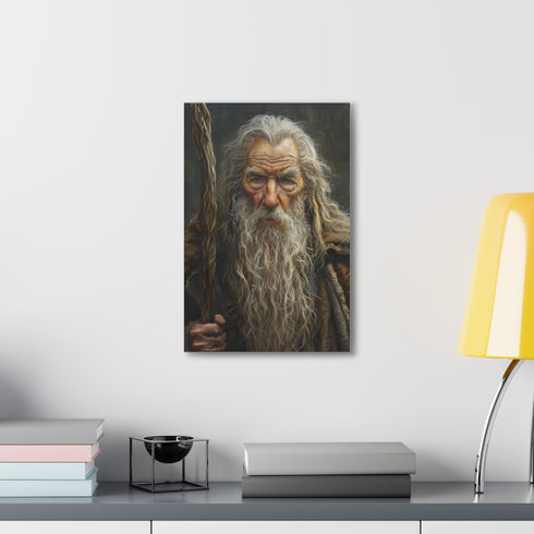 Grey Wizard canvas print in epic battle scene for art lovers.